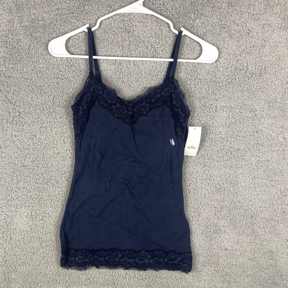 Hollister Women's Small Blue V-Neck Cotton Elastane Lace Trim Layering Cami